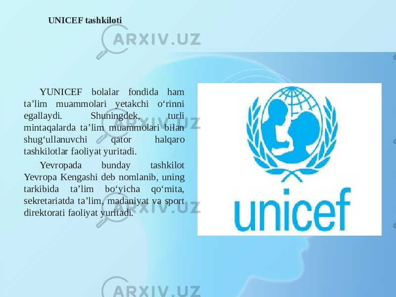 UNICEF tashkiloti YUNICEF bolalar fondida ham ta’lim muammolari yetakchi o‘rinni egallaydi. Shuningdek, turli mintaqalarda ta’lim muammolari bilan shug‘ullanuvchi qator halqaro tashkilotlar faoliyat yuritadi. Yevropada bunday tashkilot Yevropa Kengashi deb nomlanib, uning tarkibida ta’lim bo‘yicha qo‘mita, sekretariatda ta’lim, madaniyat va sport direktorati faoliyat yuritadi. 