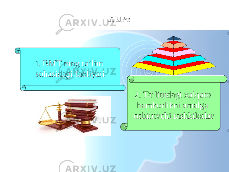 1. BMT ning ta’lim sohasidagi faoliyati 2. Ta’limdagi xalqaro hamkorlikni amalga oshiruvchi tashkilotlarREJA:010203 04 0F10 150203 110B0E 100F 