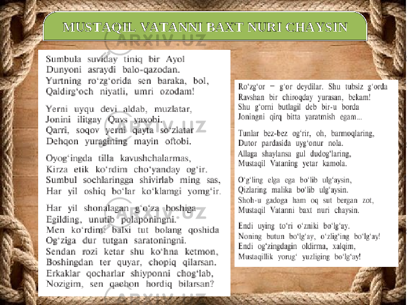 MUSTAQIL VATANNI BAXT NURI CHAYSIN 