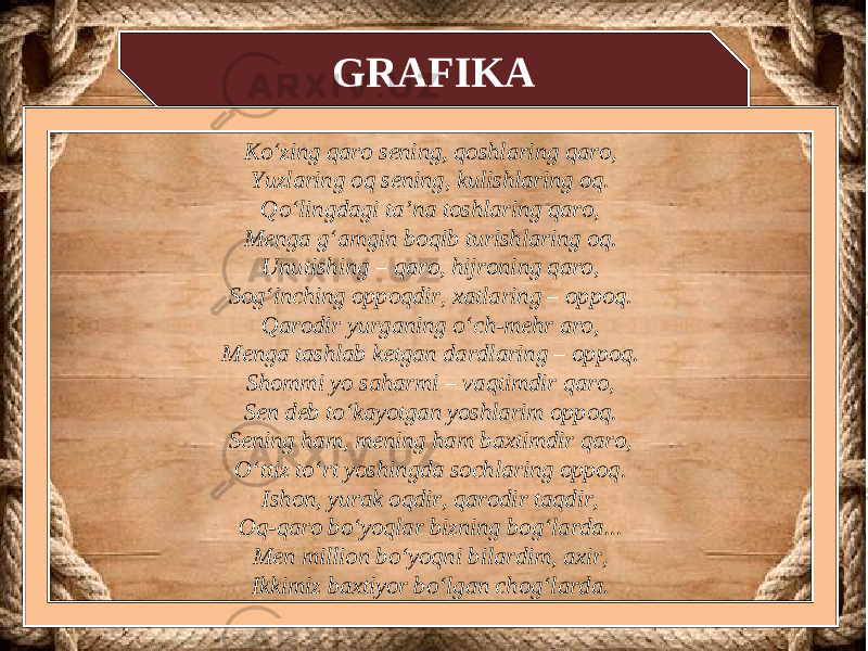 GRAFIKA Ko‘zing qaro sening, qoshlaring qaro, Yuzlaring oq sening, kulishlaring oq. Qo‘lingdagi ta’na toshlaring qaro, Menga g‘amgin boqib turishlaring oq. Unutishing – qaro, hijroning qaro, Sog‘inching oppoqdir, xatlaring – oppoq. Qarodir yurganing o‘ch-mehr aro, Menga tashlab ketgan dardlaring – oppoq. Shommi yo saharmi – vaqtimdir qaro, Sen deb to‘kayotgan yoshlarim oppoq. Sening ham, mening ham baxtimdir qaro, O‘ttiz to‘rt yoshingda sochlaring oppoq. Ishon, yurak oqdir, qarodir taqdir, Oq-qaro bo‘yoqlar bizning bog‘larda... Men million bo‘yoqni bilardim, axir, Ikkimiz baxtiyor bo‘lgan chog‘larda. 