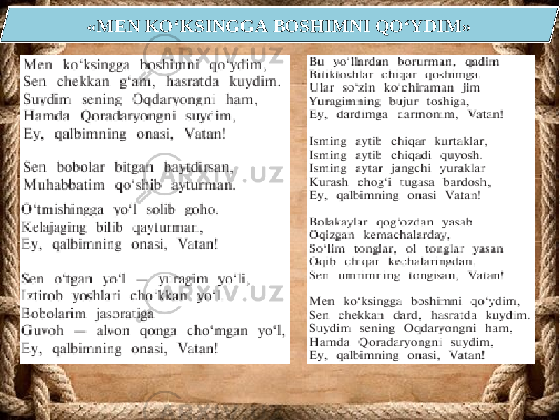 «MEN KO‘KSINGGA BOSHIMNI QO‘YDIM» 