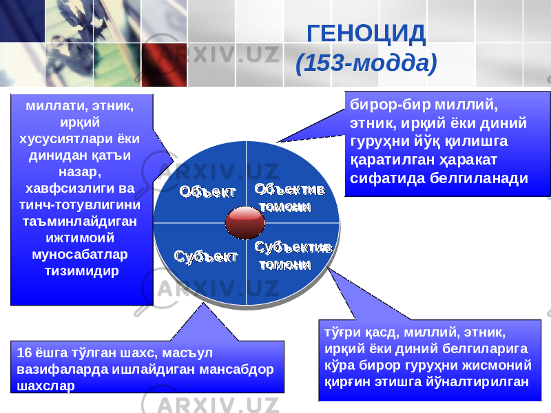 ОбъектОбъект Объектив томониОбъектив томони Субъектив томониСубъектив томониСубъектСубъектмиллати, этник, ирқий хусусиятлари ёки динидан қатъи назар, хавфсизлиги ва тинч-тотувлигини таъминлайдиган ижтимоий муносабатлар тизимидир 16 ёшга тўлган шахс, масъул вазифаларда ишлайдиган мансабдор шахслар тўғри қасд, миллий, этник, ирқий ёки диний белгиларига кўра бирор гуруҳни жисмоний қирғин этишга йўналти рилган бирор-бир миллий, этник, ирқий ёки диний гуруҳни йўқ қилишга қаратилган ҳаракат сифатида белгиланадиГЕНОЦИД (153-модда) 