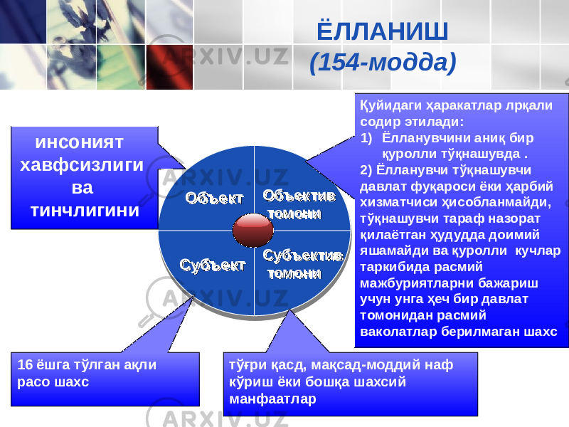 ОбъектОбъект Объектив томониОбъектив томони Субъектив томониСубъектив томониСубъектСубъектинсоният хавфсизлиги ва тинчлигини 16 ёшга тўлган ақли расо шахс тўғри қасд, мақсад-моддий наф кўриш ёки бошқа шахсий манфаатлар Қуйидаги ҳаракатлар лрқали содир этилади: 1) Ёлланувчини аниқ бир қуролли тўқнашувда . 2) Ёлланувчи тўқнашувчи давлат фуқароси ёки ҳарбий хизматчиси ҳисобланмайди, тўқнашувчи тараф назорат қилаётган ҳудудда доимий яшамайди ва қуролли кучлар таркибида расмий мажбуриятларни бажариш учун унга ҳеч бир давлат томонидан расмий ваколатлар берилмаган шахсЁЛЛАНИШ (154-модда) 