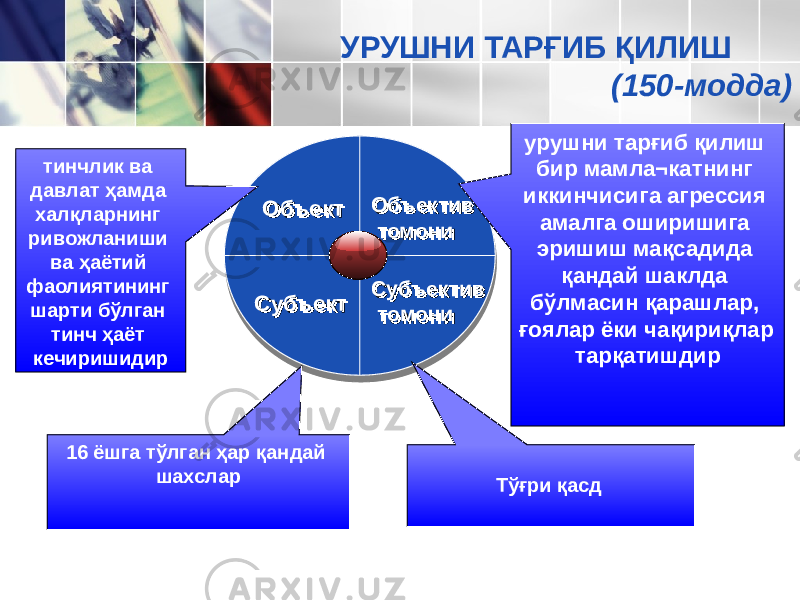 ОбъектОбъект Объектив томониОбъектив томони Субъектив томониСубъектив томониСубъектСубъекттинчлик ва давлат ҳамда халқларнинг ривожланиши ва ҳаётий фаолиятининг шарти бўлган тинч ҳаёт кечиришидир 16 ёшга тўлган ҳар қандай шахслар Тўғри қасд урушни тарғиб қилиш бир мамла¬катнинг иккинчисига агрессия амалга оширишига эришиш мақсадида қандай шаклда бўлмасин қарашлар, ғоялар ёки чақириқлар тарқатишдирУРУШНИ ТАРҒИБ ҚИЛИШ (150-модда) 