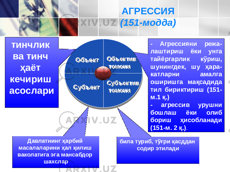 ОбъектОбъект Объектив томониОбъектив томони Субъектив томониСубъектив томониСубъектСубъекттинчлик ва тинч ҳаёт кечириш асослари Давлатнинг ҳарбий масалаларини ҳал қилиш ваколатига эга мансабдор шахслар била туриб, тўғри қасддан содир этилади - Агрессияни режа- лаштириш ёки унга тайёргарлик кўриш, шунингдек, шу ҳара- катларни амалга оширишга мақсадида тил бириктириш (151- м.1 қ.) - агрессив урушни бошлаш ёки олиб бориш ҳисобланади (151-м. 2 қ.) .АГРЕССИЯ (151-модда) 