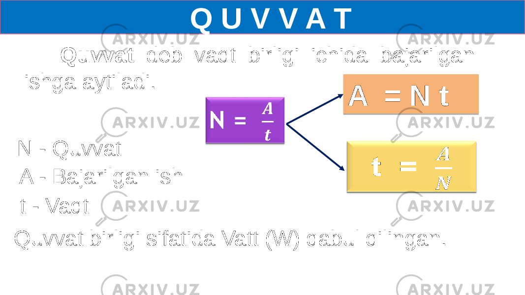  Q U V V A T Quvvat deb vaqt birligi ichida bajarilgan ishga aytiladi.   N - Quvvat A - Bajarilgan ish t - Vaqt Quvvat birligi sifatida Vatt (W) qabul qilingan. A = N t  01 06 01 