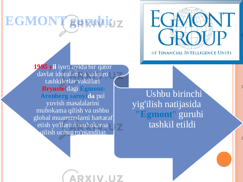 EGMONT guruhi: 1995 y il iyun oyida bir qator davlat idoralari va xalqaro tashkilotlar vakillari Bryusse l dagi Egmont- Arenberg saroyi da pul yuvish masalalarini muhokama qilish va ushbu global muammolarni bartaraf etish yo&#39;llarini muhokama qilish uchun to&#39;plandilar. Ushbu birinchi yig&#39;ilish natijasida &#34;Egmont &#34; guruhi tashkil etildi 