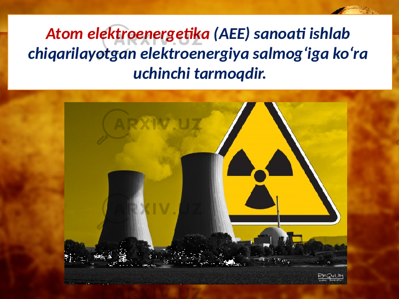 Atom elektroenergetika (AEE) sanoati ishlab chiqarilayotgan elektroenergiya salmog‘iga ko‘ra uchinchi tarmoqdir. 