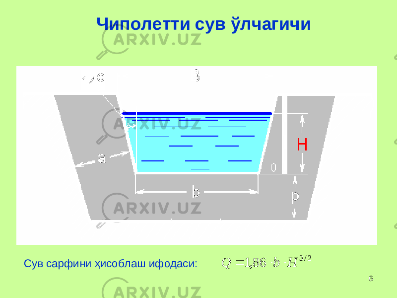 6 Чиполетти сув ў лчагичи 2/3 86,1 HbQ  С ув сарфи ни ҳисоблаш ифодаси: 