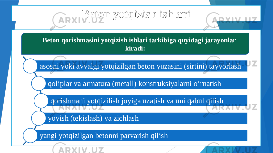 Beton yotqizish ishlari asosni yoki avvalgi yotqizilgan beton yuzasini (sirtini) tayyorlash qoliplar va armatura (metall) konstruksiyalarni o’rnatish qorishmani yotqizilish joyiga uzatish va uni qabul qilish yoyish (tekislash) va zichlash yangi yotqizilgan betonni parvarish qilish Beton qorishmasini yotqizish ishlari tarkibiga quyidagi jarayonlar kiradi: 