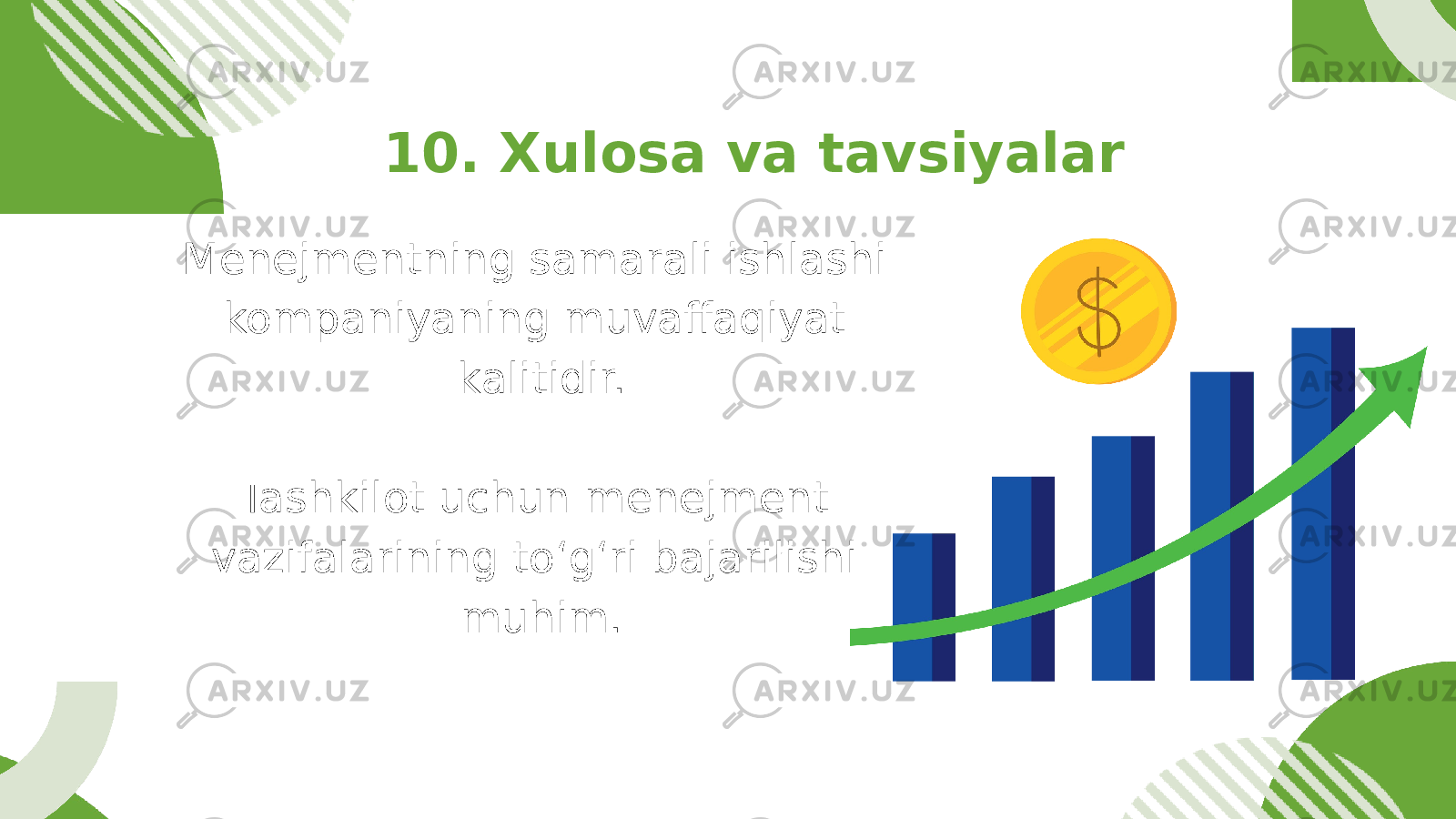 Menejmentning samarali ishlashi kompaniyaning muvaffaqiyat kalitidir. Tashkilot uchun menejment vazifalarining to‘g‘ri bajarilishi muhim.10. Xulosa va tavsiyalar 