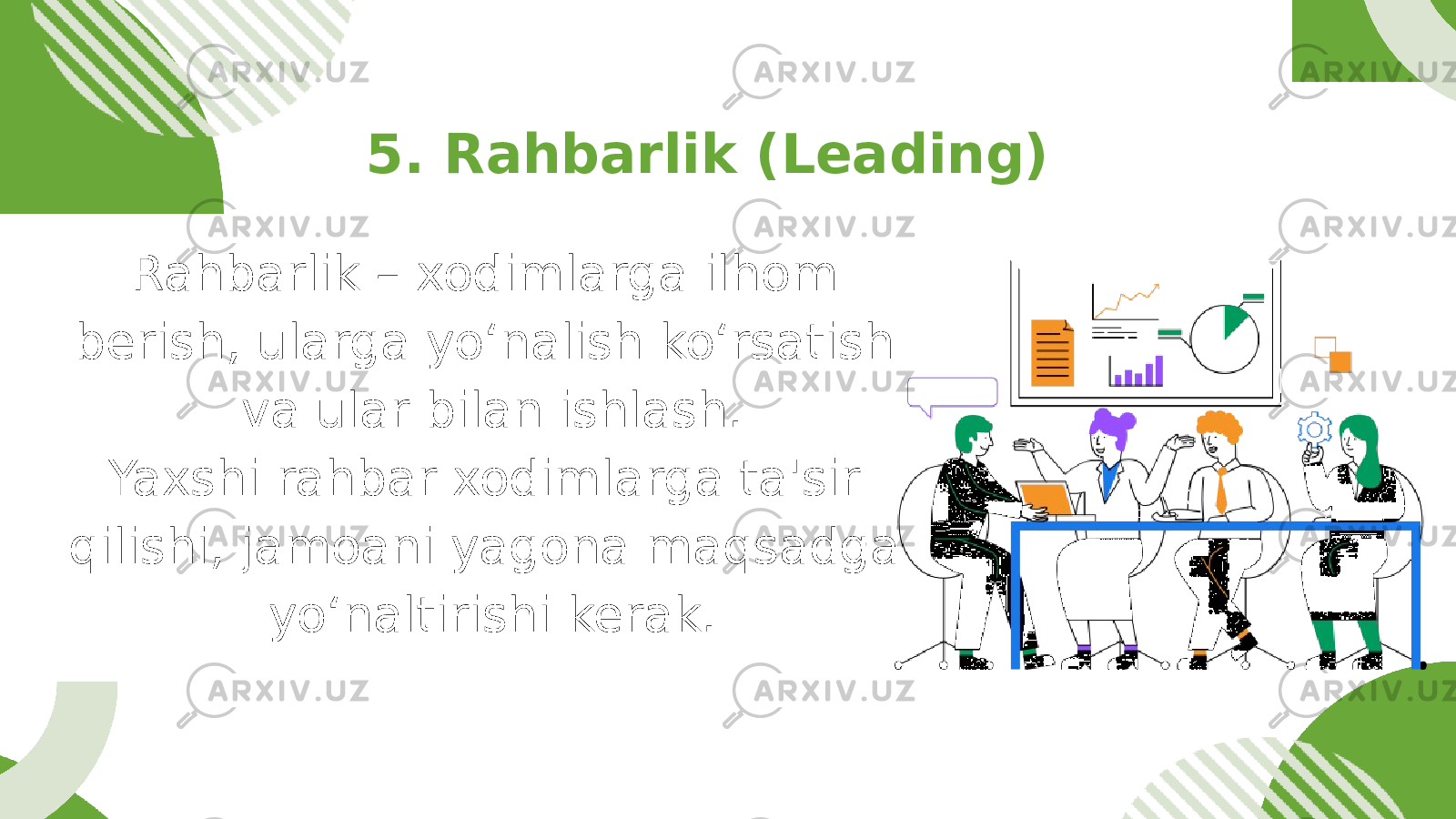 Rahbarlik – xodimlarga ilhom berish, ularga yo‘nalish ko‘rsatish va ular bilan ishlash. Yaxshi rahbar xodimlarga ta&#39;sir qilishi, jamoani yagona maqsadga yo‘naltirishi kerak. 5. Rahbarlik (Leading) 