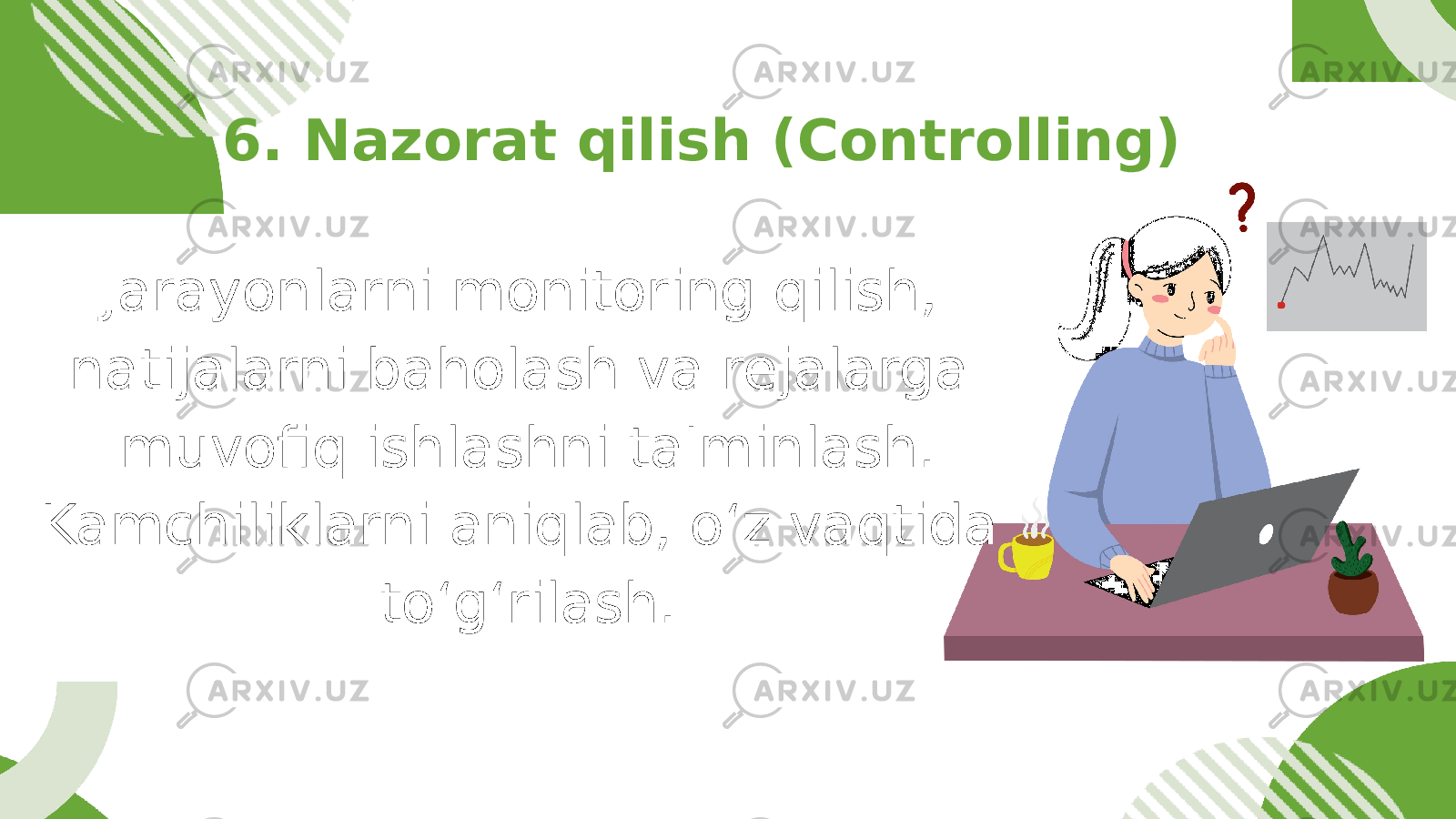 Jarayonlarni monitoring qilish, natijalarni baholash va rejalarga muvofiq ishlashni ta&#39;minlash. Kamchiliklarni aniqlab, o‘z vaqtida to‘g‘rilash.6. Nazorat qilish (Controlling) 