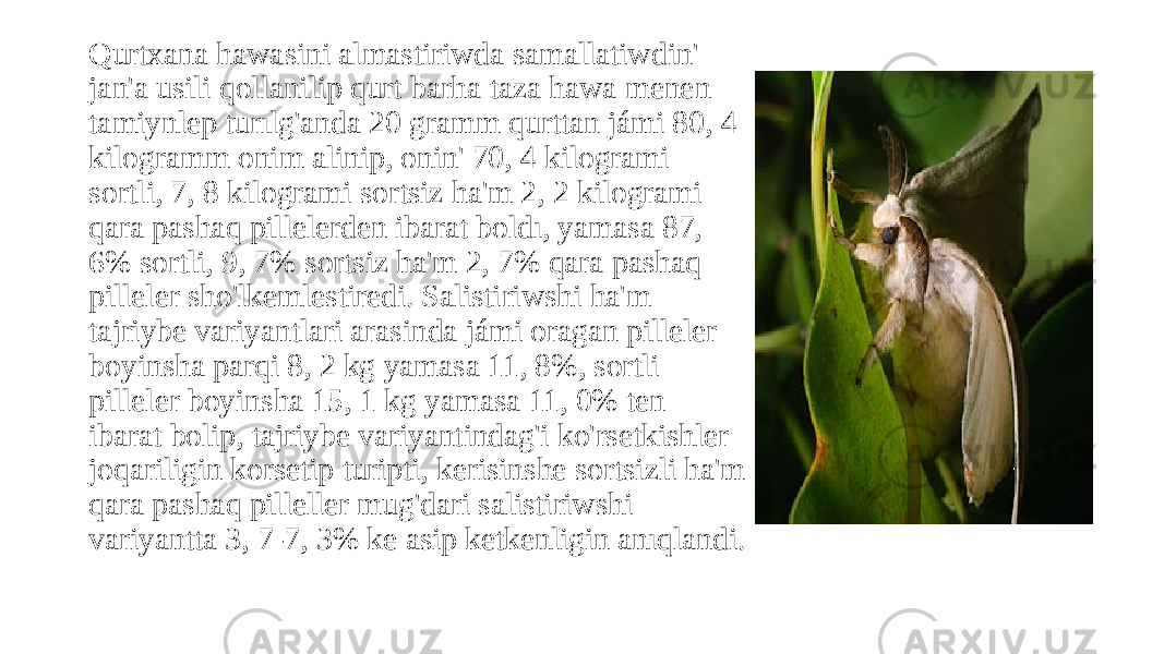 Qurtxana hawasini almastiriwda samallatiwdin&#39; jan&#39;a usili qollanilip qurt barha taza hawa menen tamiynlep turılg&#39;anda 20 gramm qurttan jámi 80, 4 kilogramm onim alinip, onin&#39; 70, 4 kilogrami sortli, 7, 8 kilogrami sortsiz ha&#39;m 2, 2 kilogrami qara pashaq pillelerden ibarat boldı, yamasa 87, 6% sortli, 9, 7% sortsiz ha&#39;m 2, 7% qara pashaq pilleler sho&#39;lkemlestiredi. Salistiriwshi ha&#39;m tajriybe variyantlari arasinda jámi oragan pilleler boyinsha parqi 8, 2 kg yamasa 11, 8%, sortli pilleler boyinsha 15, 1 kg yamasa 11, 0% ten ibarat bolip, tajriybe variyantindag&#39;i ko&#39;rsetkishler joqariligin korsetip turipti, kerisinshe sortsizli ha&#39;m qara pashaq pilleller mug&#39;dari salistiriwshi variyantta 3, 7-7, 3% ke asip ketkenligin anıqlandi. 