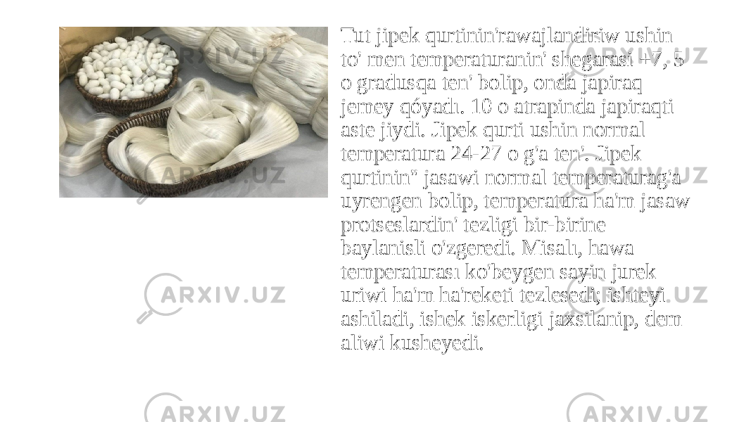 Tut jipek qurtinin&#39;rawajlandiriw ushin to&#39; men temperaturanin&#39; shegarasi +7, 5 o gradusqa ten&#39; bolip, onda japiraq jemey qóyadı. 10 o atrapinda japiraqti aste jiydi. Jipek qurti ushin normal temperatura 24-27 o g&#39;a ten&#39;. Jipek qurtinin&#39;&#39; jasawi normal temperaturag&#39;a uyrengen bolip, temperatura ha&#39;m jasaw protseslardin&#39; tezligi bir-birine baylanisli o&#39;zgeredi. Misalı, hawa temperaturası ko&#39;beygen sayin jurek uriwi ha&#39;m ha&#39;reketi tezlesedi; ishteyi ashiladi, ishek iskerligi jaxsilanip, dem aliwi kusheyedi. 