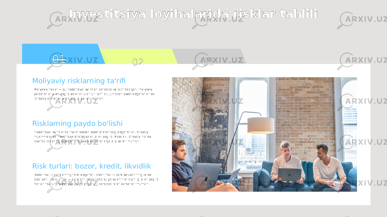 01 02 03Investitsiya loyihalarida risklar tahlili Moliyaviy risklarning ta&#39;rifi Moliyaviy risklar — bu investitsiya loyihalari doirasida kelib chiqadigan, moliyaviy yo&#39;qotishlar bilan bog&#39;liq xatarlar. Ular turli omillar, jumladan bozor o&#39;zgarishlari va iqtisodiy sharoitlar bilan bog&#39;liq bo&#39;lishi mumkin. Risklarning paydo bo&#39;lishi Investitsiya loyihalarida risklar asosan bozor sharoitidagi o&#39;zgarishlar, iqtisodiy muammolar va investitsiya strategiyalari bilan bog&#39;liq. Masalan, iqtisodiy inqiroz davrida talabning pasayishi moliyaviy yo&#39;qotishlarga olib kelishi mumkin. Risk turlari: bozor, kredit, likvidlik Bozor riski — aktivlarning narxi o&#39;zgarishi, kredit riski — qarz beruvchining to&#39;lov qobiliyati, likvidlik riski — aktivlarni tezda naqd pulga aylantirish qiyinligi bilan bog&#39;liq. Har bir risk turi investitsiya loyihalariga turli darajada ta&#39;sir ko&#39;rsatishi mumkin. 