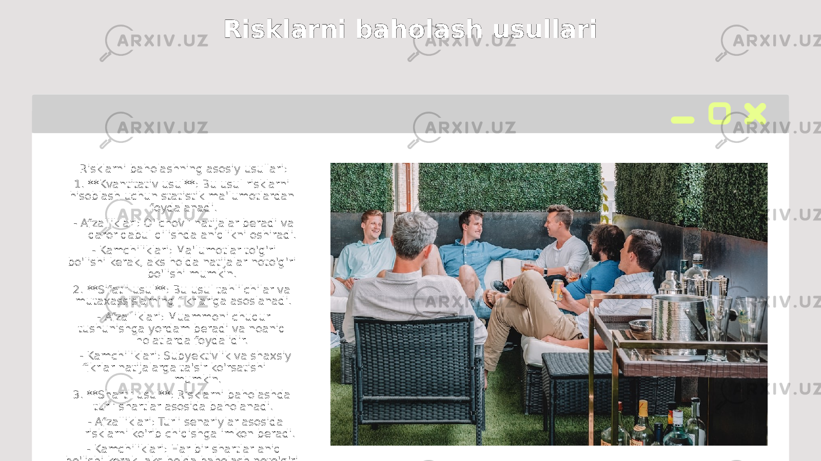 Risklarni baholash usullari Risklarni baholashning asosiy usullari: 1. **Kvantitativ usul**: Bu usul risklarni hisoblash uchun statistik ma&#39;lumotlardan foydalanadi. - Afzalliklari: O&#39;lchovli natijalar beradi va qaror qabul qilishda aniqlikni oshiradi. - Kamchiliklari: Ma&#39;lumotlar to&#39;g&#39;ri bo&#39;lishi kerak, aks holda natijalar noto&#39;g&#39;ri bo&#39;lishi mumkin. 2. **Sifatli usul**: Bu usul tahlilchilar va mutaxassislarning fikrlariga asoslanadi. - Afzalliklari: Muammoni chuqur tushunishga yordam beradi va noaniq holatlarda foydalidir. - Kamchiliklari: Subyektivlik va shaxsiy fikrlar natijalarga ta&#39;sir ko&#39;rsatishi mumkin. 3. **Shartli usul**: Risklarni baholashda turli shartlar asosida baholanadi. - Afzalliklari: Turli senariylar asosida risklarni ko&#39;rib chiqishga imkon beradi. - Kamchiliklari: Har bir shartlar aniq bo&#39;lishi kerak, aks holda baholash noto&#39;g&#39;ri bo&#39;lishi mumkin. **SWOT tahlili**: - **Kuchli tomonlar**: Risklarni baholash usullari aniq natijalar va chuqur tahlilni ta&#39;minlaydi. - **Zaif tomonlar**: O&#39;zgaruvchan sharoitlar va ma&#39;lumotlarning yetarli emasligi risklarni baholashni murakkablashtiradi. **Misol**: Real hayotdagi risk baholash usuli sifatida kompaniya yangi loyiha uchun kvantitativ baholash usulidan foydalandi. Ular o&#39;z tarixiy ma&#39;lumotlariga asoslanib, bozor talabini aniqlashda yordam beradigan statistik modellarni ishlab chiqishdi. 