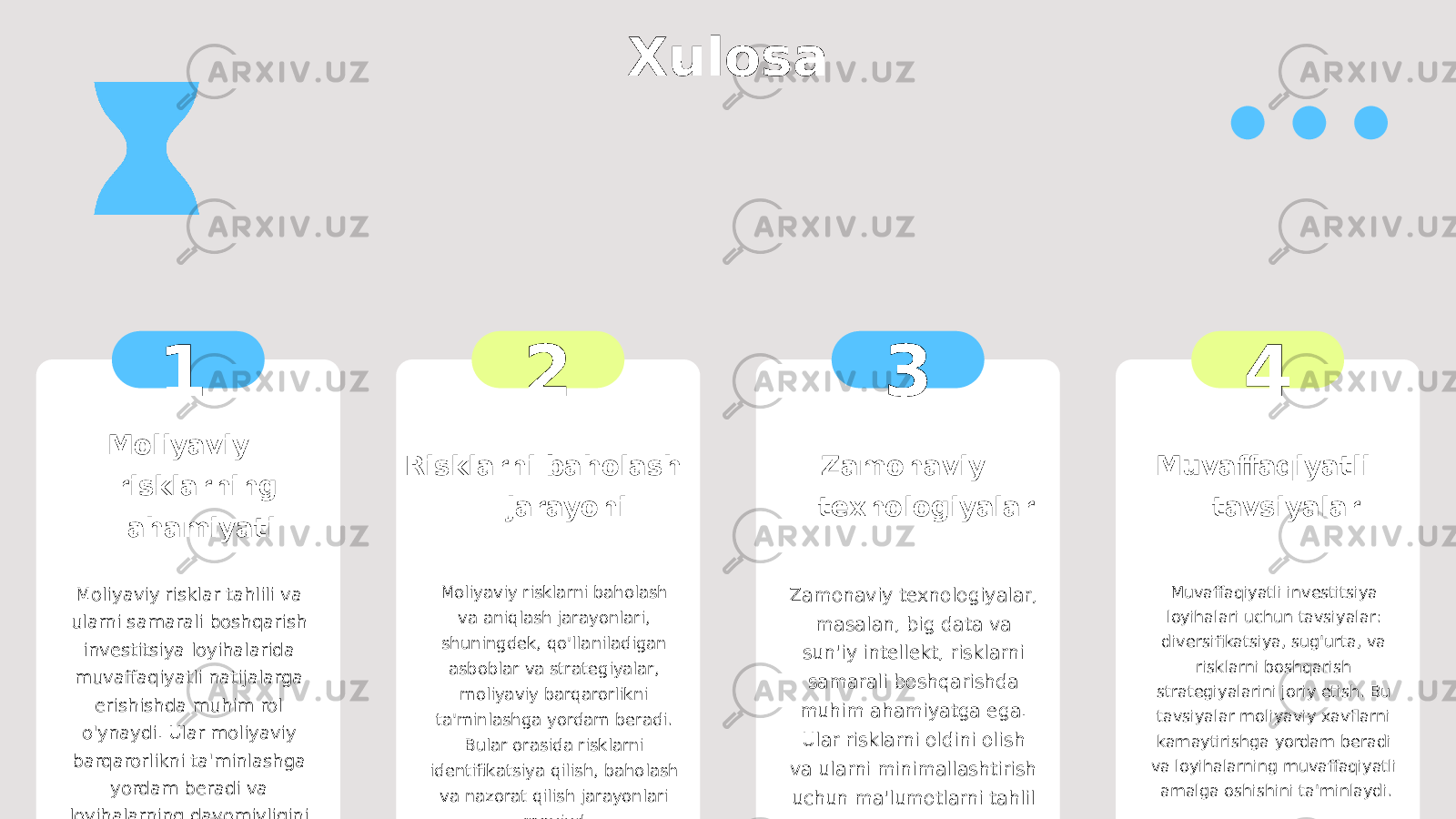 Xulosa 1 Moliyaviy risklarning ahamiyati Moliyaviy risklar tahlili va ularni samarali boshqarish investitsiya loyihalarida muvaffaqiyatli natijalarga erishishda muhim rol o&#39;ynaydi. Ular moliyaviy barqarorlikni ta&#39;minlashga yordam beradi va loyihalarning davomiyligini oshiradi. 2 Risklarni baholash jarayoni Moliyaviy risklarni baholash va aniqlash jarayonlari, shuningdek, qo&#39;llaniladigan asboblar va strategiyalar, moliyaviy barqarorlikni ta&#39;minlashga yordam beradi. Bular orasida risklarni identifikatsiya qilish, baholash va nazorat qilish jarayonlari mavjud. 3 Zamonaviy texnologiyalar Zamonaviy texnologiyalar, masalan, big data va sun&#39;iy intellekt, risklarni samarali boshqarishda muhim ahamiyatga ega. Ular risklarni oldini olish va ularni minimallashtirish uchun ma&#39;lumotlarni tahlil qilishda yordam beradi. 4 Muvaffaqiyatli tavsiyalar Muvaffaqiyatli investitsiya loyihalari uchun tavsiyalar: diversifikatsiya, sug&#39;urta, va risklarni boshqarish strategiyalarini joriy etish. Bu tavsiyalar moliyaviy xavflarni kamaytirishga yordam beradi va loyihalarning muvaffaqiyatli amalga oshishini ta&#39;minlaydi. 