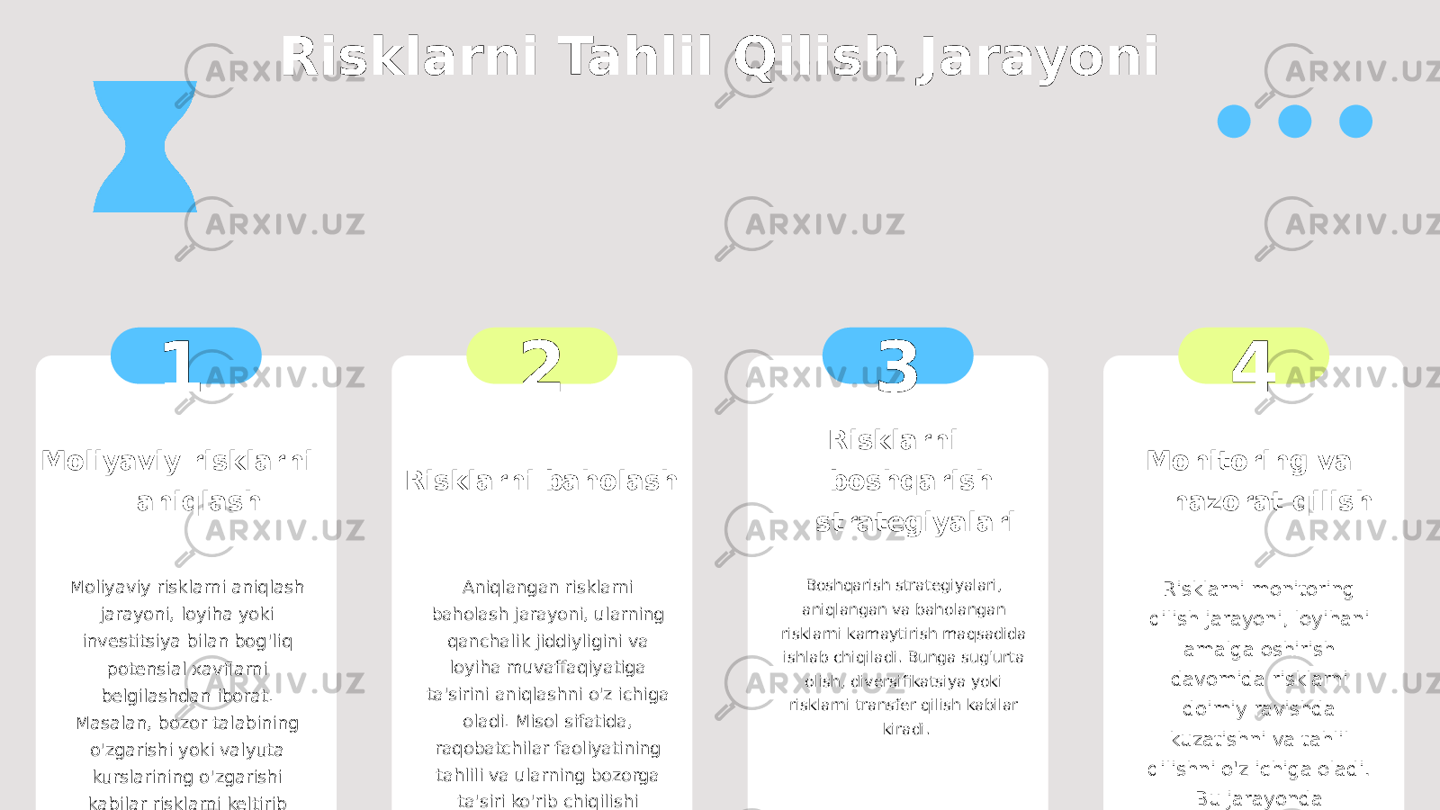 Risklarni Tahlil Qilish Jarayoni 1 Moliyaviy risklarni aniqlash Moliyaviy risklarni aniqlash jarayoni, loyiha yoki investitsiya bilan bog&#39;liq potensial xavflarni belgilashdan iborat. Masalan, bozor talabining o&#39;zgarishi yoki valyuta kurslarining o&#39;zgarishi kabilar risklarni keltirib chiqarishi mumkin. 2 Risklarni baholash Aniqlangan risklarni baholash jarayoni, ularning qanchalik jiddiyligini va loyiha muvaffaqiyatiga ta&#39;sirini aniqlashni o&#39;z ichiga oladi. Misol sifatida, raqobatchilar faoliyatining tahlili va ularning bozorga ta&#39;siri ko&#39;rib chiqilishi mumkin. 3 Risklarni boshqarish strategiyalari Boshqarish strategiyalari, aniqlangan va baholangan risklarni kamaytirish maqsadida ishlab chiqiladi. Bunga sug&#39;urta olish, diversifikatsiya yoki risklarni transfer qilish kabilar kiradi. 4 Monitoring va nazorat qilish Risklarni monitoring qilish jarayoni, loyihani amalga oshirish davomida risklarni doimiy ravishda kuzatishni va tahlil qilishni o&#39;z ichiga oladi. Bu jarayonda o&#39;zgarishlarga tezda javob berish imkoniyati yaratiladi. 