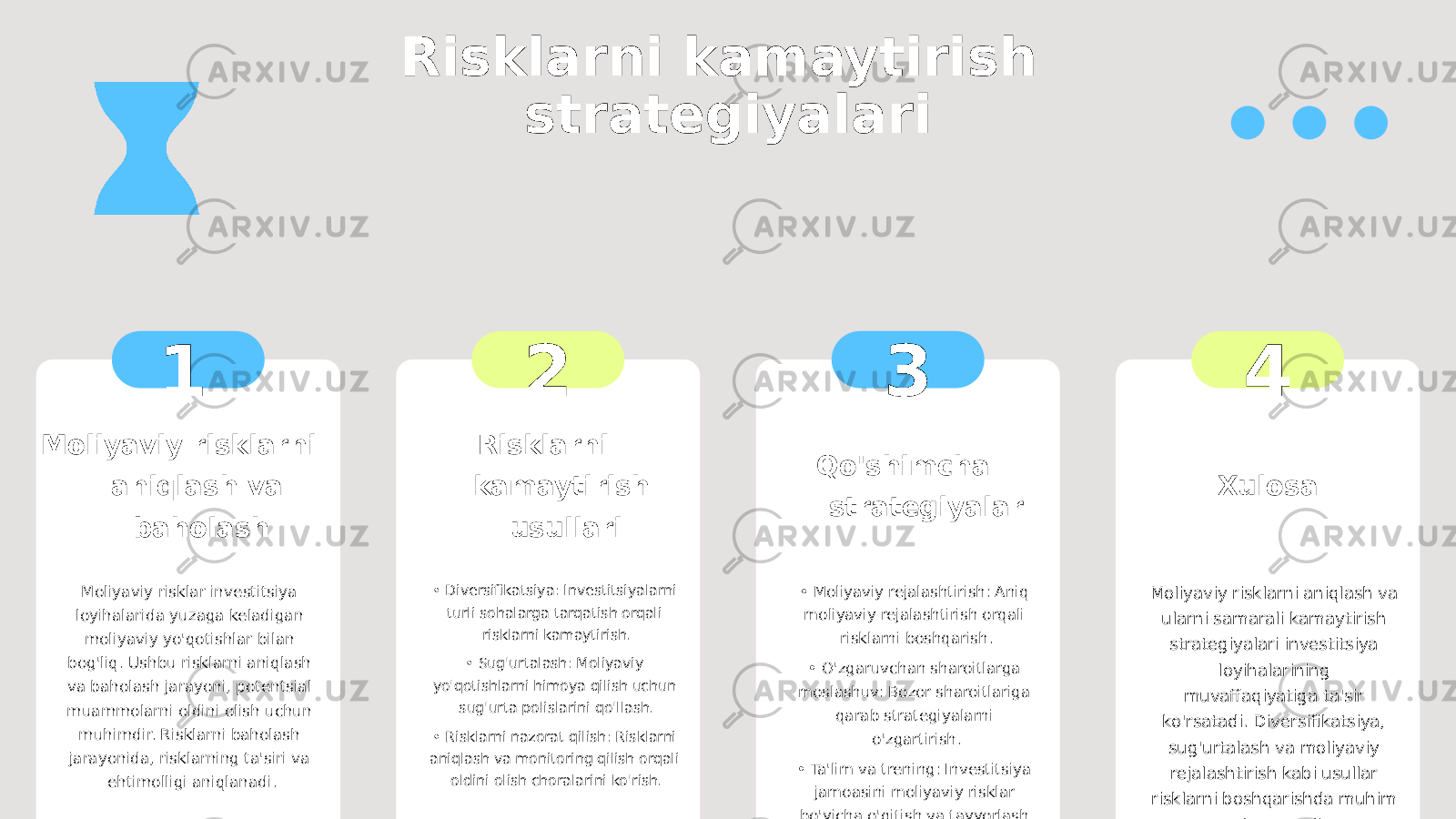 Risklarni kamaytirish strategiyalari 1 Moliyaviy risklarni aniqlash va baholash Moliyaviy risklar investitsiya loyihalarida yuzaga keladigan moliyaviy yo&#39;qotishlar bilan bog&#39;liq. Ushbu risklarni aniqlash va baholash jarayoni, potentsial muammolarni oldini olish uchun muhimdir. Risklarni baholash jarayonida, risklarning ta&#39;siri va ehtimolligi aniqlanadi. 2 Risklarni kamaytirish usullari • Diversifikatsiya: Investitsiyalarni turli sohalarga tarqatish orqali risklarni kamaytirish. • Sug&#39;urtalash: Moliyaviy yo&#39;qotishlarni himoya qilish uchun sug&#39;urta polislarini qo&#39;llash. • Risklarni nazorat qilish: Risklarni aniqlash va monitoring qilish orqali oldini olish choralarini ko&#39;rish. 3 Qo&#39;shimcha strategiyalar • Moliyaviy rejalashtirish: Aniq moliyaviy rejalashtirish orqali risklarni boshqarish. • O&#39;zgaruvchan sharoitlarga moslashuv: Bozor sharoitlariga qarab strategiyalarni o&#39;zgartirish. • Ta&#39;lim va trening: Investitsiya jamoasini moliyaviy risklar bo&#39;yicha o&#39;qitish va tayyorlash. 4 Xulosa Moliyaviy risklarni aniqlash va ularni samarali kamaytirish strategiyalari investitsiya loyihalarining muvaffaqiyatiga ta&#39;sir ko&#39;rsatadi. Diversifikatsiya, sug&#39;urtalash va moliyaviy rejalashtirish kabi usullar risklarni boshqarishda muhim rol o&#39;ynaydi. 