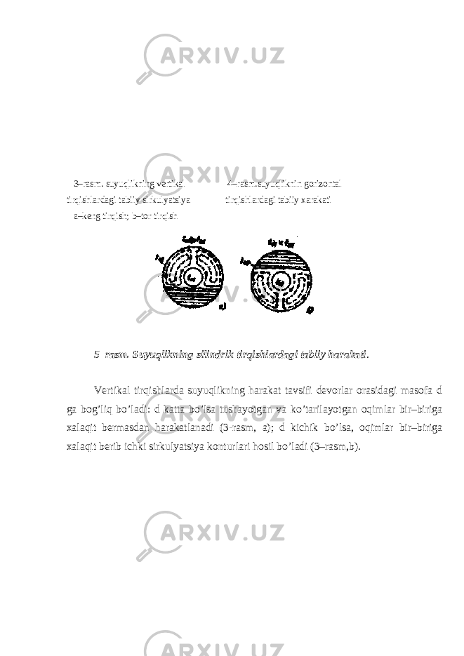  3–rasm. suyuqlikning vertikal 4–rasm.suyuqliknin gorizontal tirqishlardagi tabiiy sirkulyatsiya tirqishlardagi tabiiy xarakati a–keng tirqish; b–tor tirqish 5–rasm. Suyuqlikning silindrik tirqishlardagi tabiiy harakati . Vertikal tirqishlarda suyuqlikning harakat tavsifi devorlar orasidagi masofa d ga bog’liq b о ’ladi: d katta b о ’lsa tushayotgan va k о ’tarilayotgan oqimlar bir–biriga xalaqit bermasdan harakatlanadi (3-rasm, a); d kichik b о ’lsa, oqimlar bir–biriga xalaqit berib ichki sirkulyatsiya konturlari hosil b о ’ladi (3–rasm,b). 