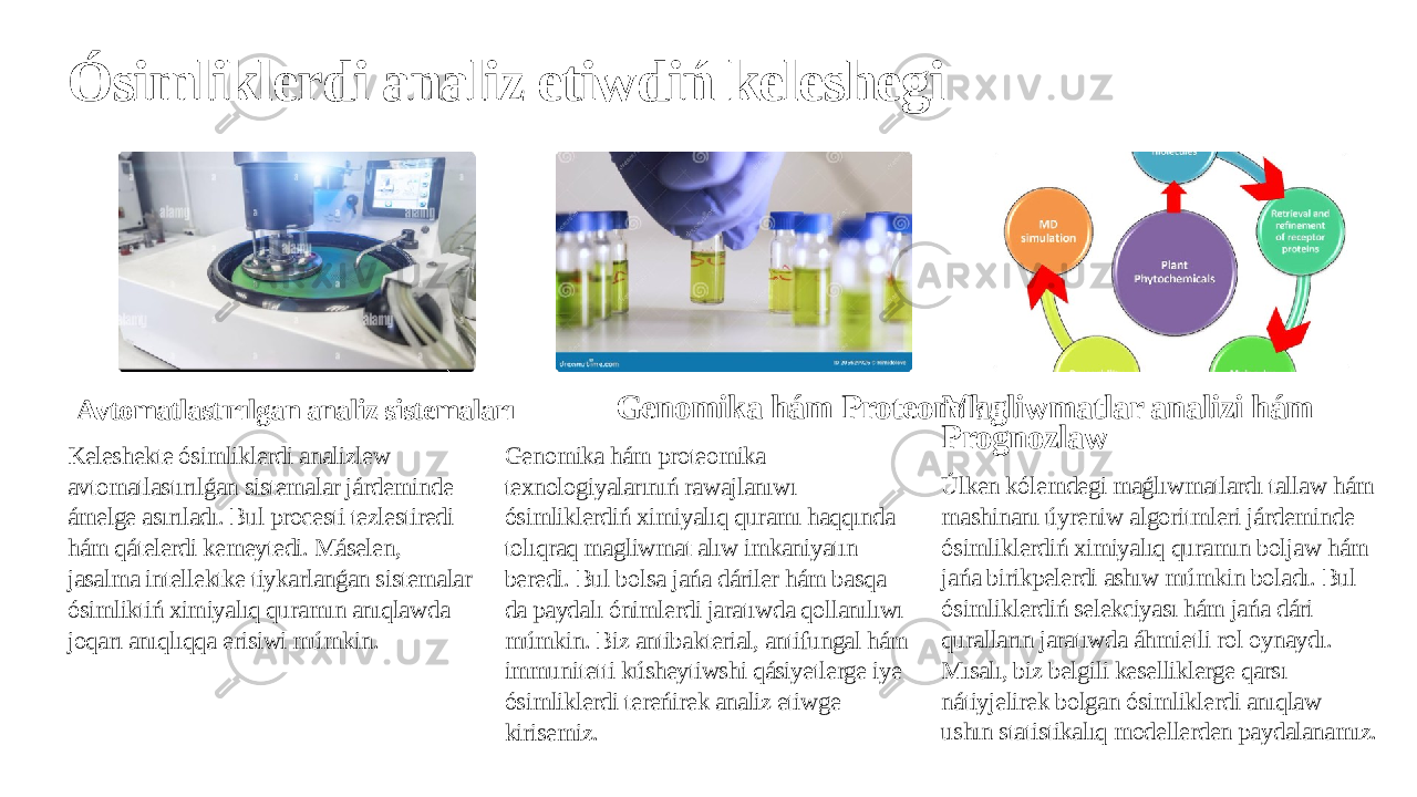 Ósimliklerdi analiz etiwdiń keleshegi Avtomatlastırılgan analiz sistemaları Keleshekte ósimliklerdi analizlew avtomatlastırılǵan sistemalar járdeminde ámelge asırıladı. Bul procesti tezlestiredi hám qátelerdi kemeytedi. Máselen, jasalma intellektke tiykarlanǵan sistemalar ósimliktiń ximiyalıq quramın anıqlawda joqarı anıqlıqqa erisiwi múmkin. Genomika hám Proteomika Genomika hám proteomika texnologiyalarınıń rawajlanıwı ósimliklerdiń ximiyalıq quramı haqqında tolıqraq magliwmat alıw imkaniyatın beredi. Bul bolsa jańa dáriler hám basqa da paydalı ónimlerdi jaratıwda qollanılıwı múmkin. Biz antibakterial, antifungal hám immunitetti kúsheytiwshi qásiyetlerge iye ósimliklerdi tereńirek analiz etiwge kirisemiz. Magliwmatlar analizi hám Prognozlaw Úlken kólemdegi maǵlıwmatlardı tallaw hám mashinanı úyreniw algoritmleri járdeminde ósimliklerdiń ximiyalıq quramın boljaw hám jańa birikpelerdi ashıw múmkin boladı. Bul ósimliklerdiń selekciyası hám jańa dári quralların jaratıwda áhmietli rol oynaydı. Mısalı, biz belgili keselliklerge qarsı nátiyjelirek bolgan ósimliklerdi anıqlaw ushın statistikalıq modellerden paydalanamız. 