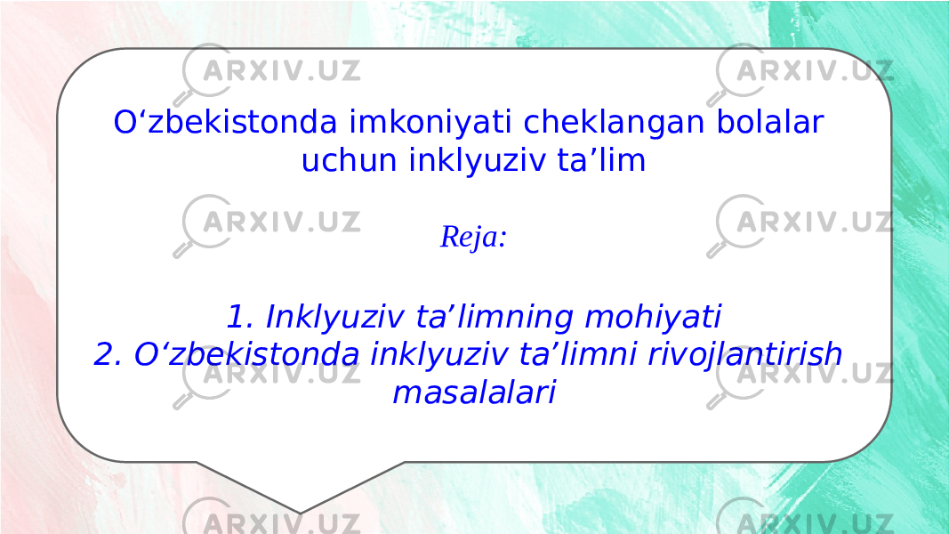 DIRECTORYDIRECTORY Add your title herePart 01 Add your title here Part 02 Add your title here Part 03 Add your title here Part 04Oʻzbekistonda imkoniyati cheklangan bolalar uchun inklyuziv taʼlim Reja: 1. Inklyuziv taʼlimning mohiyati 2. Oʻzbekistonda inklyuziv taʼlimni rivojlantirish masalalari 