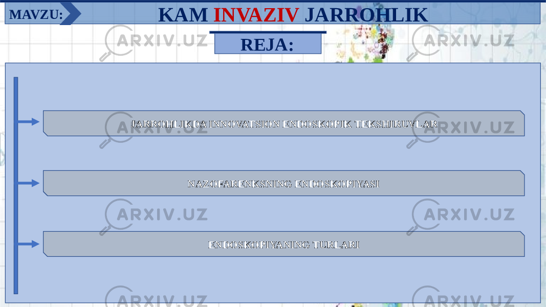  KAM INVAZIV JARROHLIK JARROHLIKDA INNOVATSION ENDOSKOPIK TEKSHIRUVLAR NAZOFARENKSNING ENDOSKOPIYASI ENDOSKOPIYANING TURLARIMAVZU: REJA: 