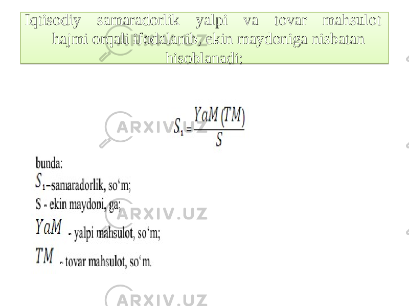 Iqtisodiy samaradorlik yalpi va tovar mahsulot hajmi orqali ifodalanib, ekin maydoniga nisbatan hisoblanadi:2B 0606 1B0D 