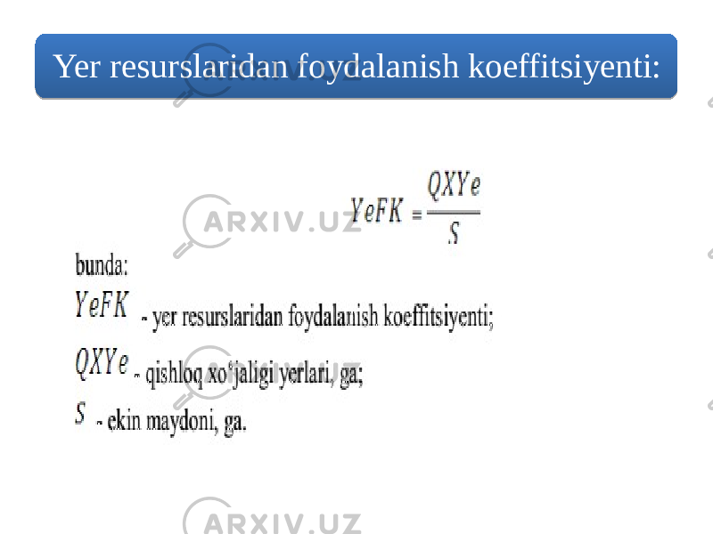 Yer resurslaridan foydalanish koeffitsiyenti:22 