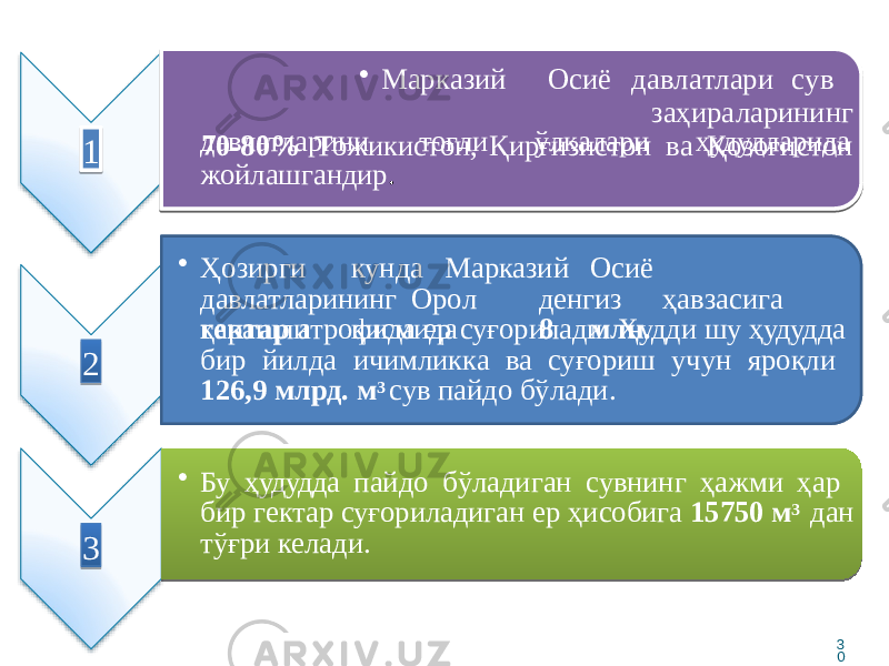 1 • Мар к азий Оси ё да в л а т лар и с у в заҳир а ла р ининг 70-8 0 % Т о жикис т он, Қирғизис т о н в а Қо з о ғ ис т ондавлатларини тоғли ўлкалари ҳудудларида жойлашгандир . 2 • Ҳозирги кунда Марказий Осиё давлатларининг Ор о л денгиз ҳавзаси г а қарашли қисмида 8 млн .гектар атрофида ер суғорилади. Ҳудди шу ҳудудда бир йилда ичимликка ва суғориш учун яроқли 126,9 млрд. м 3 сув пайдо бўлади. 3 • Бу ҳудудда пайдо бўладиган сувнинг ҳажми ҳар бир гектар суғориладиган ер ҳисобига 15750 м 3 дан тўғри келади. 3 058 56 5D 