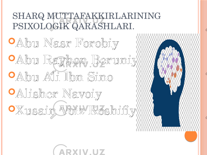 SHARQ MUTTAFAKKIRLARINING PSIXOLOGIK QARASHLARI.  Abu Nasr Forobiy  Abu Rayhon Beruniy  Abu Ali Ibn Sino  Alisher Navoiy  Xusain Voiz Koshifiy 