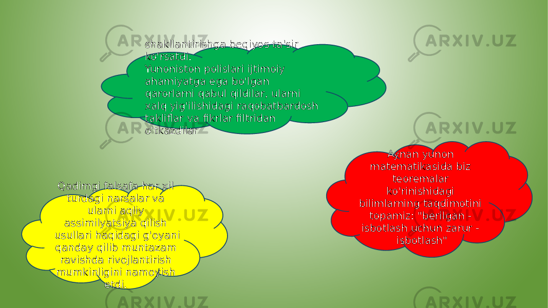 shakllantirishga beqiyos ta&#39;sir ko&#39;rsatdi. Yunoniston polislari ijtimoiy ahamiyatga ega bo&#39;lgan qarorlarni qabul qildilar, ularni xalq yig&#39;ilishidagi raqobatbardosh takliflar va fikrlar filtridan o&#39;tkazdilar Qadimgi falsafa har xil turdagi narsalar va ularni aqliy assimilyatsiya qilish usullari haqidagi g&#39;oyani qanday qilib muntazam ravishda rivojlantirish mumkinligini namoyish etdi.  Aynan yunon matematikasida biz teoremalar ko&#39;rinishidagi bilimlarning taqdimotini topamiz: &#34;berilgan - isbotlash uchun zarur - isbotlash&#34; 