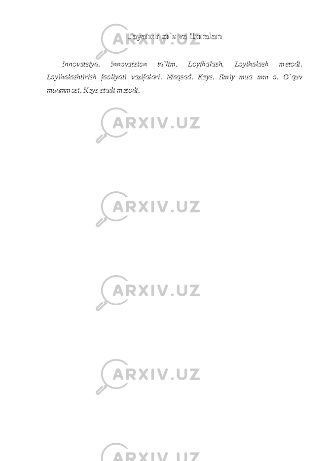 Tayanch so`z va iboralar: Innоvаtsiya. Innovatsion ta`lim. Loyihalash. Loyihalash metodi. Lоyihаlаshtirish fаоliyati vazifalari. Maqsad. Keys. Ilmiy mu а mm о . O`quv muаmmоsi. Keys stadi metodi. 