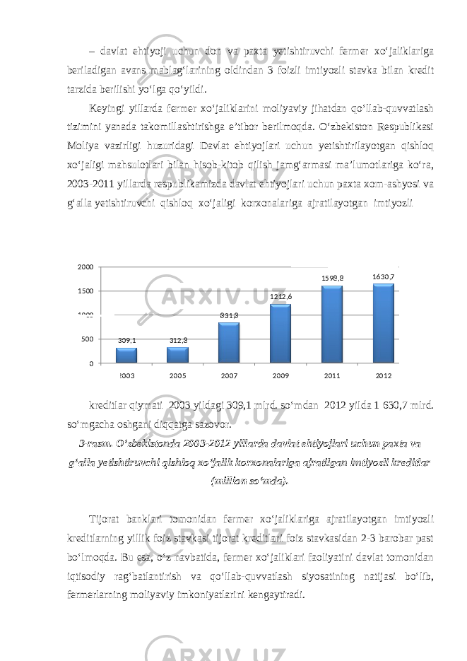 309,1 312,8 831,8 1212,6 1598,8 1630,7 0500100015002000 2003 2005 2007 2009 2011 2012– davlat ehtiyoji uchun don va paxta yetishtiruvchi fermer xo‘jaliklariga beriladigan avans mablag‘larining oldindan 3 foizli imtiyozli stavka bilan kredit tarzida berilishi yo‘lga qo‘yildi. Keyingi yillarda fermer xo‘jaliklarini moliyaviy jihatdan qo‘llab-quvvatlash tizimini yanada takomillashtirishga e’tibor berilmoqda. O‘zbekiston Respublikasi Moliya vazirligi huzuridagi Davlat ehtiyojlari uchun yetishtirilayotgan qishloq xo‘jaligi mahsulotlari bilan hisob-kitob qilish jamg‘armasi ma’lumotlariga ko‘ra, 2003-2011 yillarda respublikamizda davlat ehtiyojlari uchun paxta xom-ashyosi va g‘alla yetishtiruvchi qishloq xo‘jaligi korxonalariga ajratilayotgan imtiyozli kreditlar qiymati 2003 yildagi 309,1 mlrd. so‘mdan 2012 yilda 1   630,7 mlrd. so‘mgacha oshgani diqqatga sazovor. 3-rasm. O‘zbekistonda 2003-2012 yillarda davlat ehtiyojlari uchun paxta va g‘alla yetishtiruvchi qishloq xo‘jalik korxonalariga ajratilgan imtiyozli kreditlar (million so‘mda). Tijorat banklari tomonidan fermer xo‘jaliklariga ajratilayotgan imtiyozli kreditlarning yillik foiz stavkasi tijorat kreditlari foiz stavkasidan 2-3 barobar past bo‘lmoqda. Bu esa, o‘z navbatida, fermer xo‘jaliklari faoliyatini davlat tomonidan iqtisodiy rag‘batlantirish va qo‘llab-quvvatlash siyosatining natijasi bo‘lib, fermerlarning moliyaviy imkoniyatlarini kengaytiradi. 