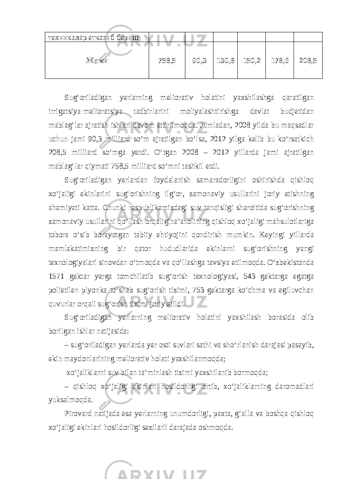 техникалар етказиб бериш Жами 758,5 90,3 130,8 150,2 178,6 208,5 Sug‘oriladigan yerlarning meliorativ holatini yaxshilashga qaratilgan irrigatsiya-melioratsiya tadbirlarini moliyalashtirishga davlat budjetidan mablag‘lar ajratish ishlari davom ettirilmoqda. Jumladan, 2008 yilda bu maqsadlar uchun jami 90,3 milliard so‘m ajratilgan bo‘lsa, 2012 yilga kelib bu ko‘rsatkich 208,5 milliard so‘mga yetdi. O‘tgan 2008 – 2012 yillarda jami ajratilgan mablag‘lar qiymati 758,5 milliard so‘mni tashkil etdi. Sug‘oriladigan yerlardan foydalanish samaradorligini oshirishda qishloq xo‘jaligi ekinlarini sug‘orishning ilg‘or, zamonaviy usullarini joriy etishning ahamiyati katta. Chunki respublikamizdagi suv tanqisligi sharoitida sug‘orishning zamonaviy usullarini qo‘llash orqaligina aholining qishloq xo‘jaligi mahsulotlariga tobora o‘sib borayotgan tabiiy ehtiyojini qondirish mumkin. Keyingi yillarda mamlakatimizning bir qator hududlarida ekinlarni sug‘orishning yangi texnologiyalari sinovdan o‘tmoqda va qo‘llashga tavsiya etilmoqda. O‘zbekistonda 1571 gektar yerga tomchilatib sug‘orish texnologiyasi, 543 gektarga egatga polietilen plyonka to‘shab sug‘orish tizimi, 753 gektarga ko‘chma va egiluvchan quvurlar orqali sug‘orish tizimi joriy etildi. Sug‘oriladigan yerlarning meliorativ holatini yaxshilash borasida olib borilgan ishlar natijasida: – sug‘oriladigan yerlarda yer osti suvlari sathi va sho‘rlanish darajasi pasayib, ekin maydonlarining meliorativ holati yaxshilanmoqda; xo‘jaliklarni suv bilan ta’minlash tizimi yaxshilanib bormoqda; – qishloq xo‘jaligi ekinlari hosildorligi ortib, xo‘jaliklarning daromadlari yuksalmoqda. Pirovard natijada esa yerlarning unumdorligi, paxta, g‘alla va boshqa qishloq xo‘jaligi ekinlari hosildorligi sezilarli darajada oshmoqda. 