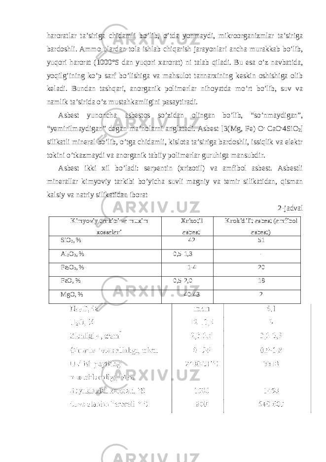 haroratlar ta’siriga chidamli bo’lib, o’tda yonmaydi, mikroorganizmlar ta’siriga bardoshli. Ammo ulardan tola ishlab chiqarish jarayonlari ancha murakkab bo’lib, yuqori harorat (1000°S dan yuqori xarorat) ni talab qiladi. Bu esa o’z navbatida, yoqilg’ining ko’p sarf bo’lishiga va mahsulot tannarxining keskin oshishiga olib keladi. Bundan tashqari, anorganik polimerlar nihoyatda mo’rt bo’lib, suv va namlik ta’sirida o’z mustahkamligini pasaytiradi. Asbest yunoncha asbestos so’zidan olingan bo’lib, “so’nmaydigan”, “yemirilmaydigan” degan ma’nolarni anglatadi. Asbest [3(Mg, Fe) O . CaO . 4SiO 2 ] silikatli mineral bo’lib, o’tga chidamli, kislota ta’siriga bardoshli, issiqlik va elektr tokini o’tkazmaydi va anorganik tabiiy polimerlar guruhiga mansubdir. Asbest ikki xil bo’ladi: serpentin (xrizotil) va amfibol asbest. Asbestli minerallar kimyoviy tarkibi bo’yicha suvli magniy va temir silikatidan, qisman kalsiy va natriy silikatidan iborat 2-jadval Kimyoviy tarkibi va muxim xossalari Xrizotil asbest Krokidilit asbest (amfibol asbest) SiO 2 , % 42 51 Al 2 O 3 , % 0,5-1,3 - Fe 2 O 3 , % 1-4 20 FeO, % 0,5-2,0 18 MgO, % 40-43 2 