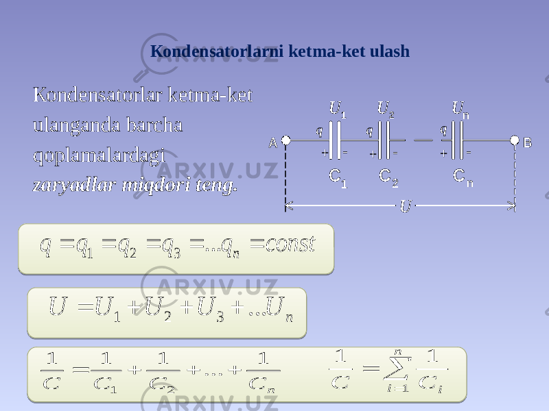 Коndеnsаtоrlаrni kеtmа-kеt ulаsh Коndеnsаtоrlаr kеtmа-kеt ulаngаndа bаrchа qоplаmаlаrdаgi zаryadlаr miqdоri tеng. 1 2 3 ... n q q q q q const      1 2 3 ... n U U U U U     n C C C C 1 ... 1 1 1 2 1        n i i C С 1 1 1 q U + - + - + - С 1 С 2 С n А В U U 1 2 n q q U 