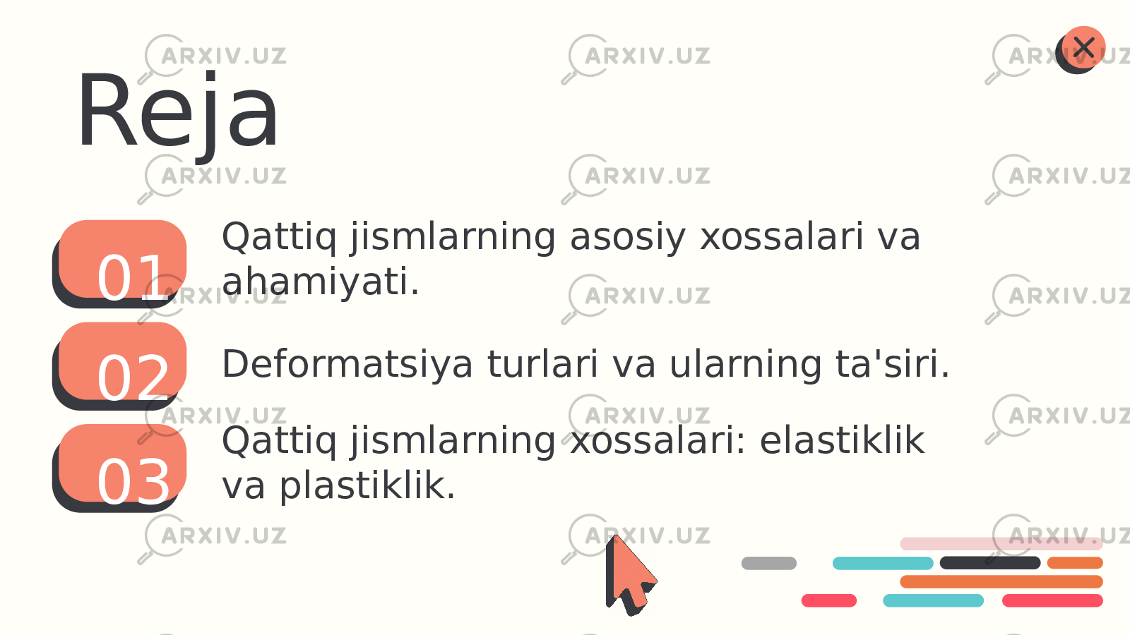 01 02 03Reja Qattiq jismlarning asosiy xossalari va ahamiyati. Deformatsiya turlari va ularning ta&#39;siri. Qattiq jismlarning xossalari: elastiklik va plastiklik. 
