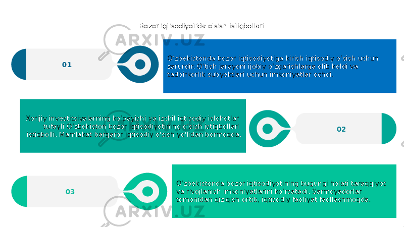 Bozor iqtisodiyotida o&#39;sish istiqbollari O‘zbekistonda bozor iqtisodiyotiga kirish iqtisodiy o‘sish uchun zarurdir. O‘tish jarayoni ijobiy o‘zgarishlarga olib keldi va tadbirkorlik subyektlari uchun imkoniyatlar ochdi.01 O‘zbekistonda bozor iqtisodiyotining bugungi holati taraqqiyot va rivojlanish imkoniyatlarini ko‘rsatadi. Sarmoyadorlar tomonidan qiziqish ortib, iqtisodiy faoliyat faollashmoqda.03 02Xorijiy investitsiyalarning ko‘payishi va izchil iqtisodiy islohotlar tufayli O‘zbekiston bozor iqtisodiyotining o‘sish istiqbollari istiqbolli. Mamlakat barqaror iqtisodiy o&#39;sish yo&#39;lidan bormoqda. 