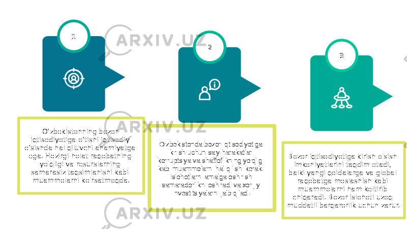 O‘zbekistonning bozor iqtisodiyotiga o‘tishi iqtisodiy o‘sishda hal qiluvchi ahamiyatga ega. Hozirgi holat raqobatning yo&#39;qligi va resurslarning samarasiz taqsimlanishi kabi muammolarni ko&#39;rsatmoqda. 1 Bozor iqtisodiyotiga kirish o&#39;sish imkoniyatlarini taqdim etadi, balki yangi qoidalarga va global raqobatga moslashish kabi muammolarni ham keltirib chiqaradi. Bozor islohoti uzoq muddatli barqarorlik uchun zarur. 3 O&#39;zbekistonda bozor iqtisodiyotiga kirish uchun sa&#39;y-harakatlar korruptsiya va shaffoflikning yo&#39;qligi kabi muammolarni hal qilishi kerak. Islohotlarni amalga oshirish samaradorlikni oshiradi va xorijiy investitsiyalarni jalb qiladi. 2 