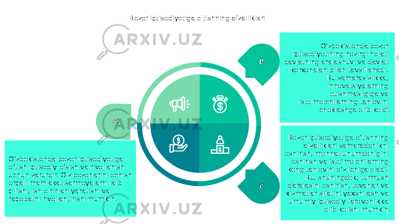 Bozor iqtisodiyotiga o&#39;tishning afzalliklari A O‘zbekistonda bozor iqtisodiyotiga o‘tish iqtisodiy o‘sish va rivojlanish uchun zarurdir. O&#39;z bozorlarini ochish orqali mamlakat sarmoyalarni jalb qilishi, ish o&#39;rinlari yaratishi va raqobatni rivojlantirishi mumkin. B O‘zbekistonda bozor iqtisodiyotining hozirgi holati davlatning aralashuvi va davlat korxonalari bilan tavsiflanadi. Bu samarasizlikka, innovatsiyalarning etishmasligiga va iste&#39;molchilarning tanlovini cheklashga olib keldi. C Bozor iqtisodiyotiga o‘tishning afzalliklari samaradorlikni oshirish, mehnat unumdorligini oshirish va iste’molchilarning keng tanlovini o‘z ichiga oladi. Bu, shuningdek, turmush darajasini oshirish, tovarlar va xizmatlar sifatini yaxshilash va umumiy iqtisodiy farovonlikka olib kelishi mumkin. 