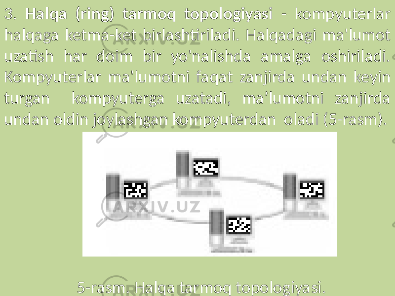 3. Halqa (ring) tarmoq topologiyasi - kompyuterlar halqaga ketma-ket birlashtiriladi. Halqadagi ma&#39;lumot uzatish har doim bir yo&#39;nalishda amalga oshiriladi. Kompyuterlar ma&#39;lumotni faqat zanjirda undan keyin turgan kompyuterga uzatadi, ma’lumotni zanjirda undan oldin joylashgan kompyuterdan oladi (5-rasm). 5-rasm. Halqa tarmoq topologiyasi. 