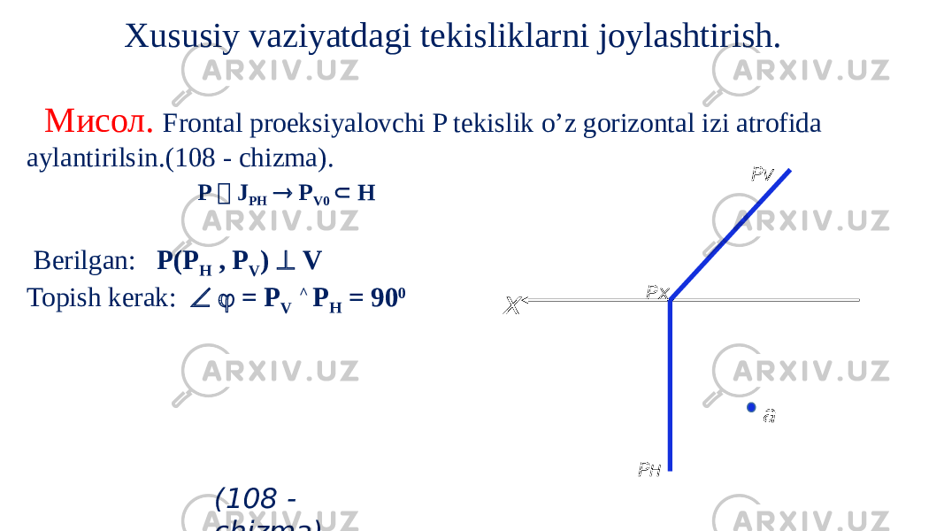  Xususiy vaziyatdagi tekisliklarni joylashtirish. Мисол. Frontal proeksiyalovchi P tekislik o’z gorizontal izi atrofida aylantirilsin.(108 - chizma). P  J PH  P V0  H     Berilgan: P(P H , P V )  V Topish kerak:   = P V ^ P H = 90 0   P H P V Px x a (108 - chizma) 