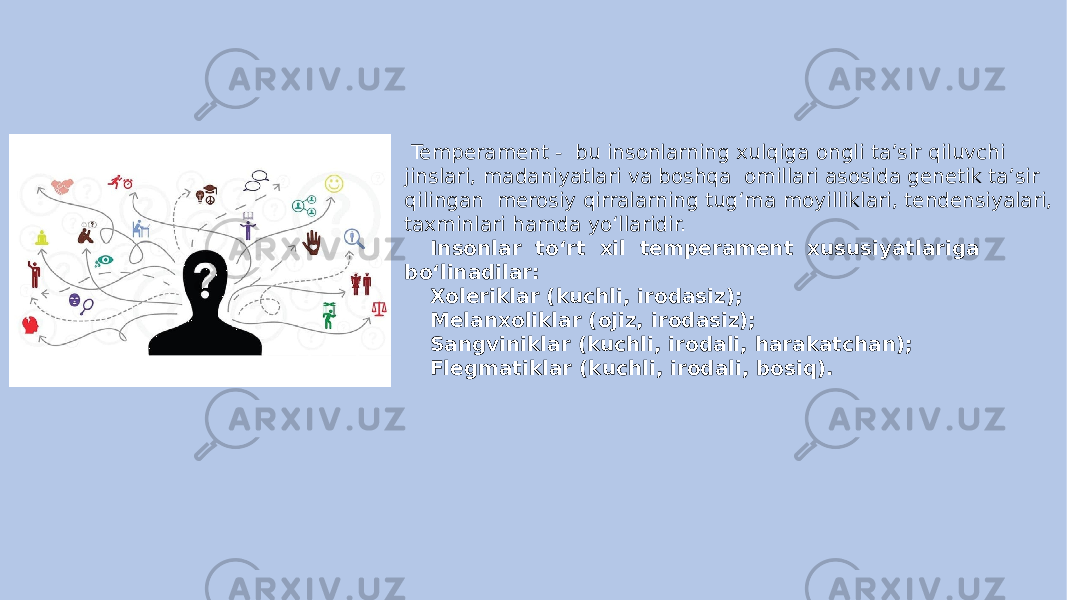   Temperament -  bu insonlarning xulqiga ongli ta’sir qiluvchi jinslari, madaniyatlari va boshqa  omillari asosida genetik ta’sir qilingan  merosiy qirralarning tug‘ma moyilliklari, tendensiyalari, taxminlari hamda yo‘llaridir.      Insonlar  to‘rt  xil  temperament  xususiyatlariga  bo‘linadilar:      Xoleriklar (kuchli, irodasiz);      Melanxoliklar (ojiz, irodasiz);      Sangviniklar (kuchli, irodali, harakatchan);      Flegmatiklar (kuchli, irodali, bosiq). 