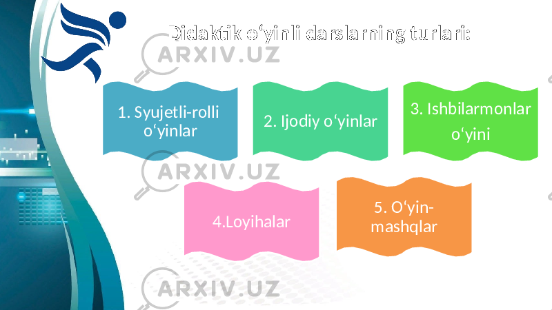 Didaktik o‘yinli darslarning turlari: 1. Syujetli-rolli o‘yinlar 2. Ijodiy o‘yinlar 3. Ishbilarmonlar o‘yini 4.Loyihalar 5. O‘yin- mashqlar 