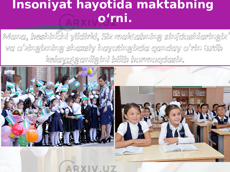 Insoniyat hayotida maktabning o‘rni. Mana, beshinchi yildirki, Siz maktabning sinfdoshlaringiz va o‘zingizning shaxsiy hayotingizda qanday o‘rin tutib kelayotganligini bilib bormoqdasiz. 