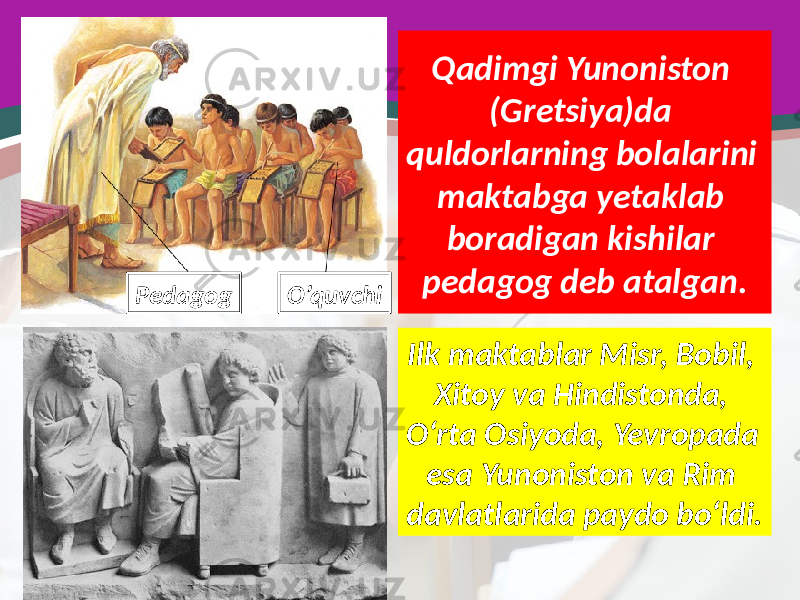 Qadimgi Yunoniston (Gretsiya)da quldorlarning bolalarini maktabga yetaklab boradigan kishilar pedagog deb atalgan. Ilk maktablar Misr, Bobil, Xitoy va Hindistonda, O‘rta Osiyoda, Yevropada esa Yunoniston va Rim davlatlarida paydo bo‘ldi.Pedagog O’quvchi 