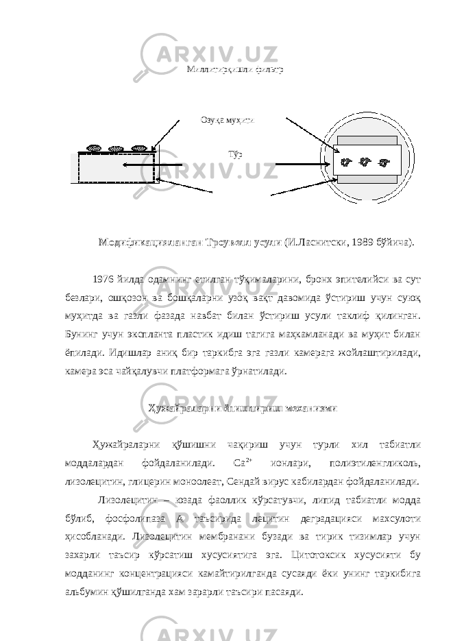  Модификацияланган Троувелл усули (И.Ласнитски, 1989 бўйича ). 1976 йилда одамнинг етилган тўқималарини, бронх эпителийси ва сут безлари, ошқозон ва бошқаларни узоқ вақт давомида ўстириш учун суюқ муҳитда ва газли фазада навбат билан ўстириш усули таклиф қилинган. Бунинг учун экспланта пластик идиш тагига маҳкамланади ва муҳит билан ёпилади. Идишлар аниқ бир таркибга эга газли камерага жойлаштирилади, камера эса чайқалувчи платформага ўрнатилади. Ҳужайраларни ёпиштириш механизми Ҳужайраларни қўшишни чақириш учун турли хил табиатли моддалардан фойдаланилади. Са 2+ ионлари, полиэтиленгликоль, лизолецитин, глицерин моноолеат, Сендай вирус кабилардан фойдаланилади. Лизолецитин – юзада фаоллик кўрсатувчи, липид табиатли модда бўлиб, фосфолипаза А таъсирида лецитин деградацияси махсулоти ҳисобланади. Лизолецитин мембранани бузади ва тирик тизимлар учун захарли таъсир кўрсатиш хусусиятига эга. Цитотоксик хусусияти бу модданинг концентрацияси камайтирилганда сусаяди ёки унинг таркибига альбумин қўшилганда хам зарарли таъсири пасаяди. Миллитирқишли фильтр Озуқа муҳити Тўр 