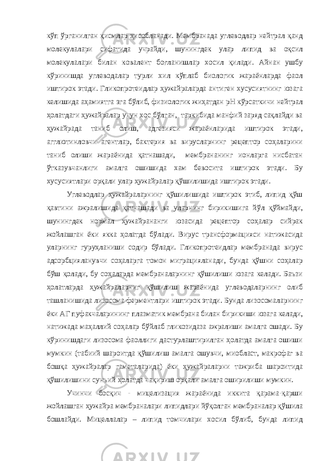 кўп ўрганилган қисмлар ҳисобланади. Мембранада углеводлар нейтрал қанд молекулалари сифатида учрайди, шунингдек улар липид ва оқсил молекулалари билан ковалент боғланишлар хосил қилади. Айнан ушбу кўринишда углеводалар турли хил кўплаб биологик жараёнларда фаол иштирок этади. Гликопротеидлар ҳужайраларда антиген хусусиятнинг юзага келишида аҳамиятга эга бўлиб, физиологик жиҳатдан рН кўрсаткичи нейтрал ҳолатдаги ҳужайралар учун хос бўлган, таркибида манфий заряд сақлайди ва ҳужайрада таниб олиш, адгезияси жараёнларида иштирок этади, агглютинловчи агентлар, бактерия ва вирусларнинг рецептор соҳаларини таниб олиши жараёнида қатнашади, мембрананинг ионларга нисбатан ўтказувчанлиги амалга ошишида хам бевосита иштирок этади. Бу хусусиятлари орқали улар ҳужайралар қўшилишида иштирок этади. Углеводлар ҳужайраларнинг қўшилишида иштирок этиб, липид қўш қавтини ажралишида қатнашади ва уларнинг бирикишига йўл қўймайди, шунингдек нормал ҳужайрананги юзасида рецептор соҳалар сийрак жойлашган ёки якка ҳолатда бўлади. Вирус трансформацияси натижасида уларнинг гуруҳланиши содир бўлади. Гликопротеидлар мембранада вирус адсорбцияланувчи соҳаларга томон миграцияланади, бунда қўшни соҳалар бўш қолади, бу соҳаларда мембраналарнинг қўшилиши юзага келади. Баъзи ҳолатларда ҳужайраларниг қўшилиш жараёнида углеводаларнинг олиб ташланишида лизосома ферментлари иштирок этади. Бунда лизосомаларнинг ёки АГ пуфакчаларининг плазматик мембрана билан бирикиши юзага келади, натижада маҳаллий соҳалар бўйлаб гликозидаза ажралиши амалга ошади. Бу кўринишдаги лизосома фаоллиги дастурлаштирилган ҳолатда амалга ошиши мумкин (табиий шароитда қўшилиш амалга ошувчи, миобласт, макрофаг ва бошқа ҳужайралар гаметаларида) ёки ҳужайраларни тажриба шароитида қўшилишини сунъий ҳолатда чақириш орқали амалга оширилиши мумкин. Учинчи босқич - мицелизация жараёнида иккита қарама-қарши жойлашган ҳужайра мембраналари липидлари йўқолган мембраналар қўшила бошлайди. Мицеллалар – липид томчилари хосил бўлиб, бунда липид 